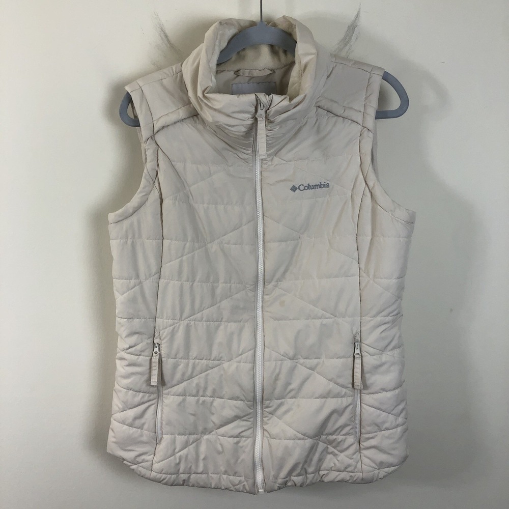 Columbia Omni-Heat Insulated Full Zip Quilted Puffer Vest Womens Sz L Cream